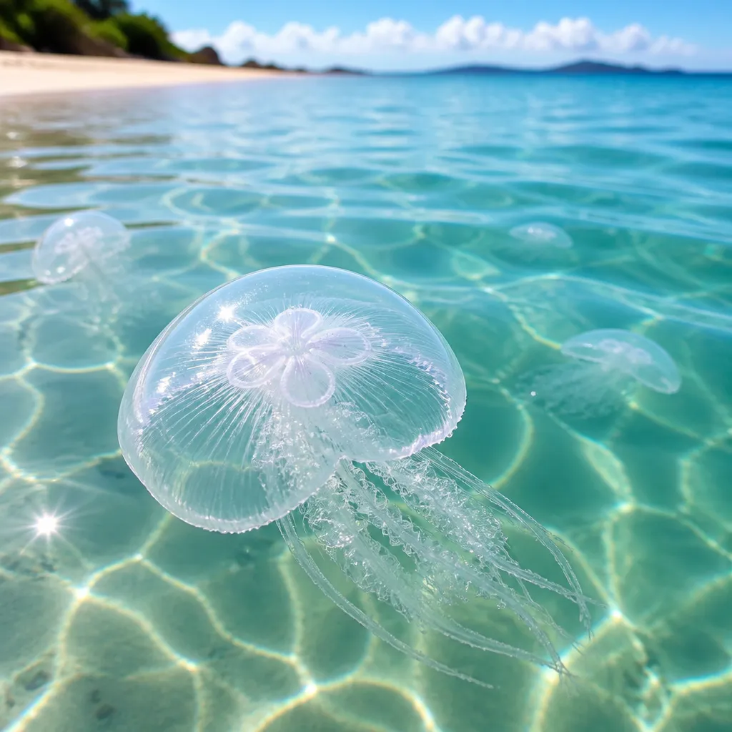 Durchsichtige harmlose Qualle schwimmt im klaren, flachen Meerwasser nahe einem Sandstrand