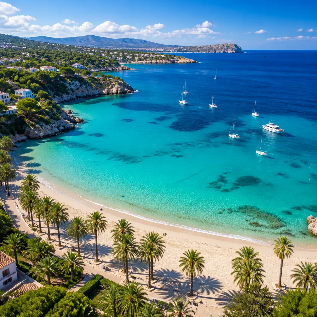 Türkisfarbenes Meer und Sandstrand auf Mallorca an einem heißen Sommertag