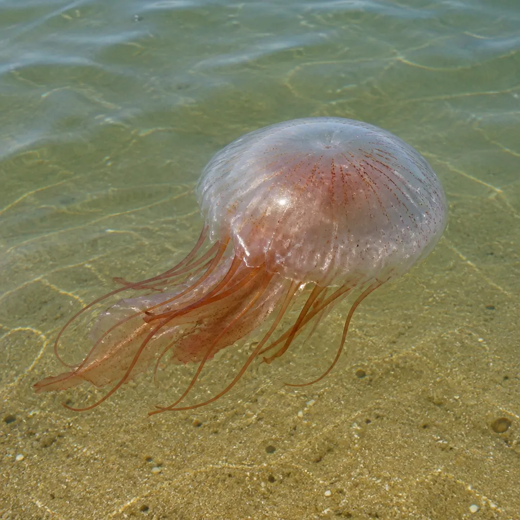 Feuerqualle mit langen Tentakeln im flachen Wasser der Nordsee am Sandstrand