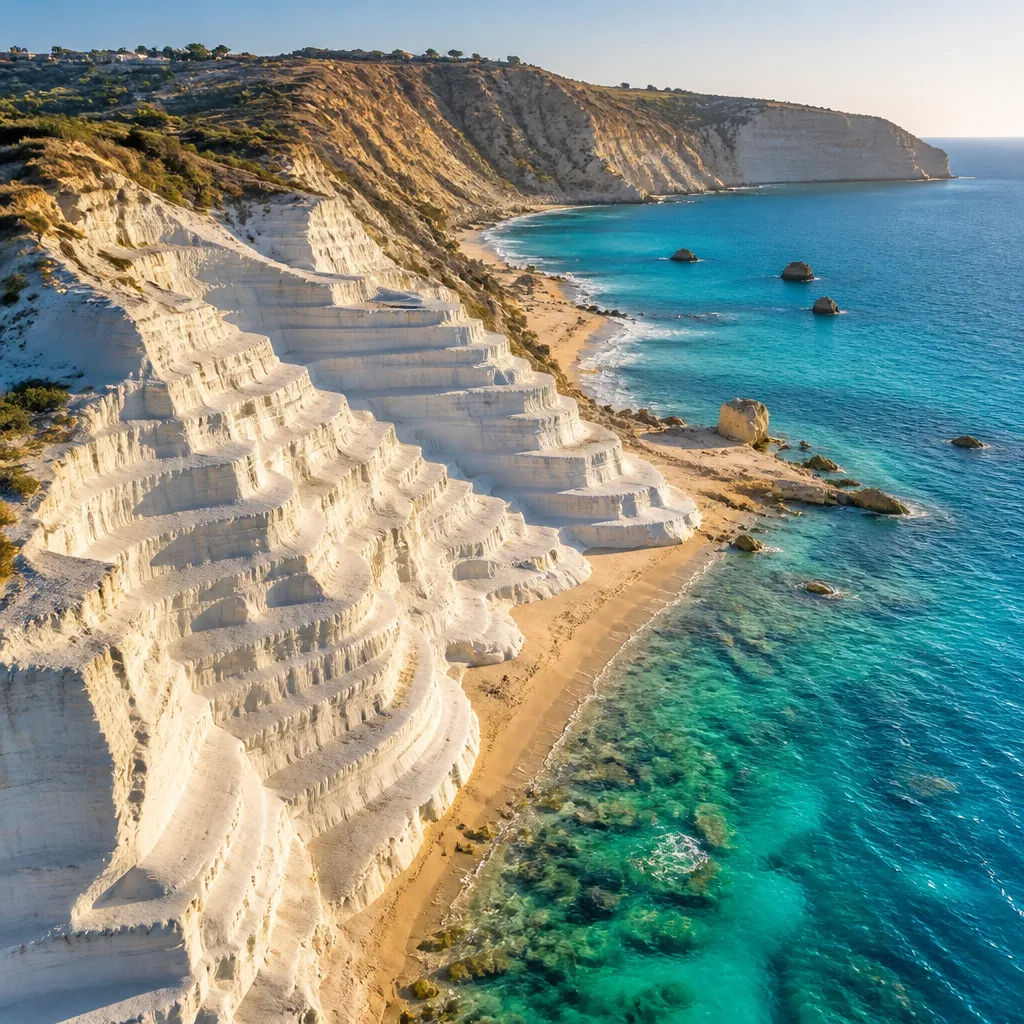 Weiße Felsformation Scala dei Turchi trifft auf türkisblaues Meer an Siziliens Südküste