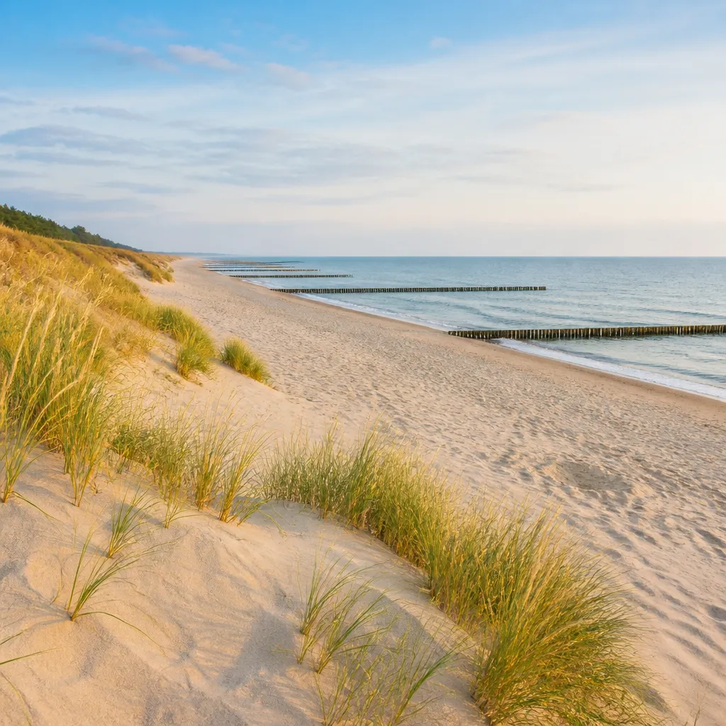 Leerer Ostseestrand mit Dünen und Buhnen als typischer FKK Strand Bereich