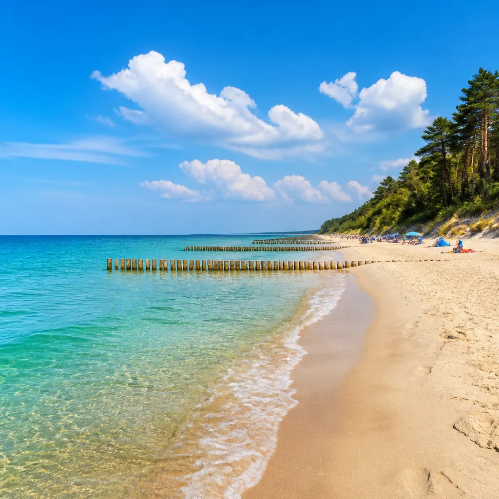 Ostseestrand mit ruhigem türkisfarbenem Wasser und Sandstrand an einem sonnigen Sommertag
